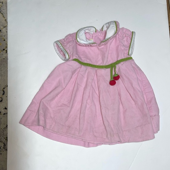 Little English Pink thin cord dress trimmed in green with cherry 🍒 dangles 12 m - Picture 1 of 4